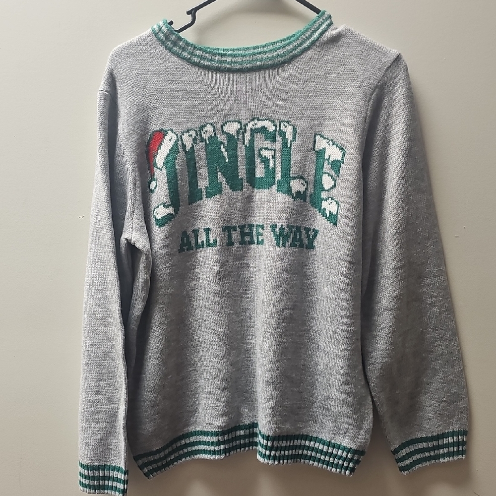 Holiday Time Gray Sweater with Green Festive Design
